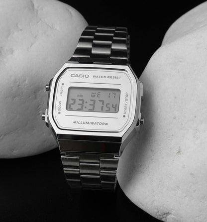 Casio A168 Full Silver Digital Watch for Men & Women – Classic Vintage Style  Description: