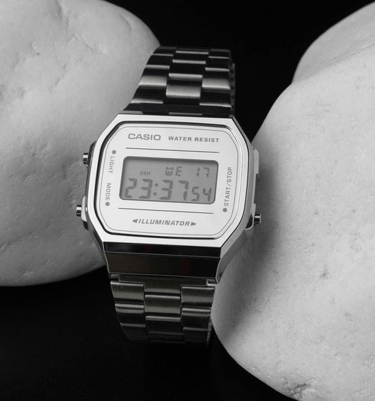 Casio A168 Full Silver Digital Watch for Men & Women – Classic Vintage Style  Description: